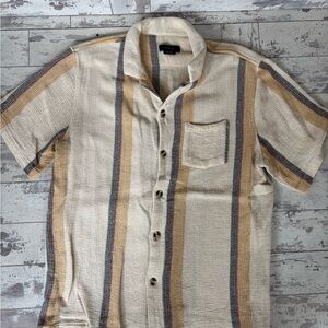 Cotton On Men's Casual Striped Button Down Shirt - Cream, Tan, Blue